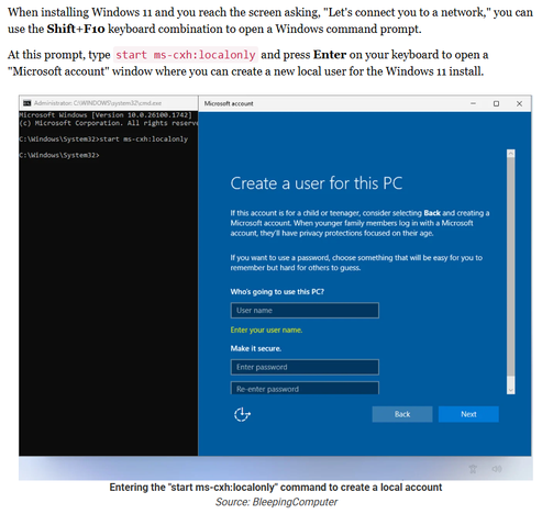 Windows 11 setup screen allowing users to create local accounts and bypass the forced online account creation. Press Shift + F10 for a command prompt, then enter start ms-cxh:localonly