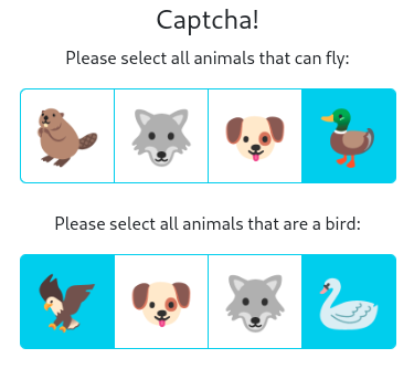 Captcha in form of two requests to choose from set of randomly selected animal emoticons matching random features, here pictured "Please select all animals that can fly" and "Please select all animals that are a bird".