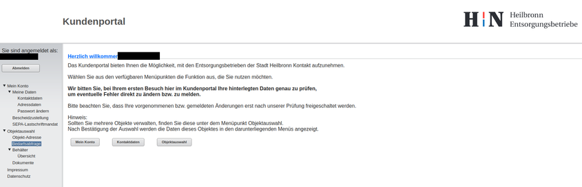 Screenshot vom Abfallportal Heilbronn. Die Maske sieht etwas altbacken aus. Der Text verwendet abstrakte Begriffe wie "Bedarfsabfrage" und "Objektauswahl"