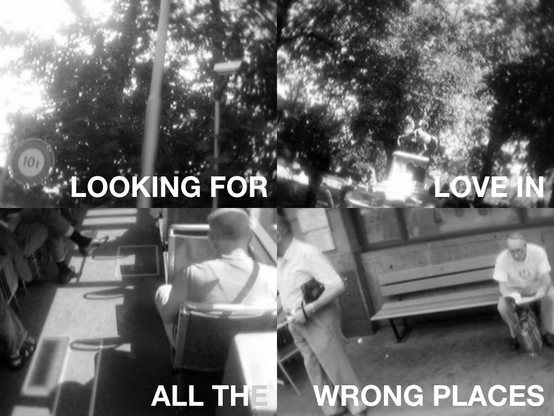 Four blurry and unattractive black&white photos are tiled together, two show an old man on a bench, the text reads Looking for - Love in - all the - wrong places