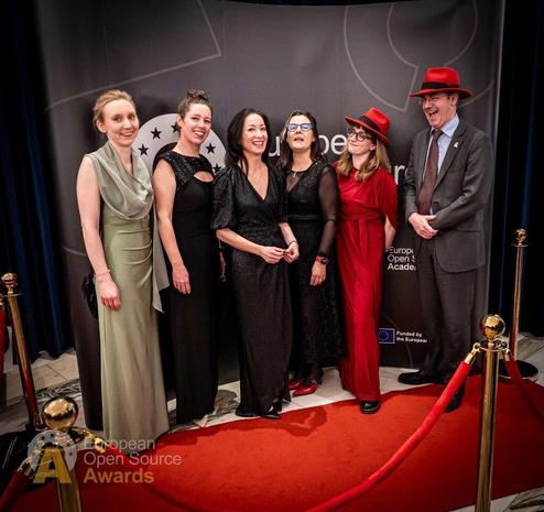 Group picture at European OS Awards. Six people in front of a photo wall wearing evening dress.