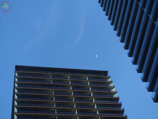 Zwei Hochhäuser und Mond aus Froschperspektive
