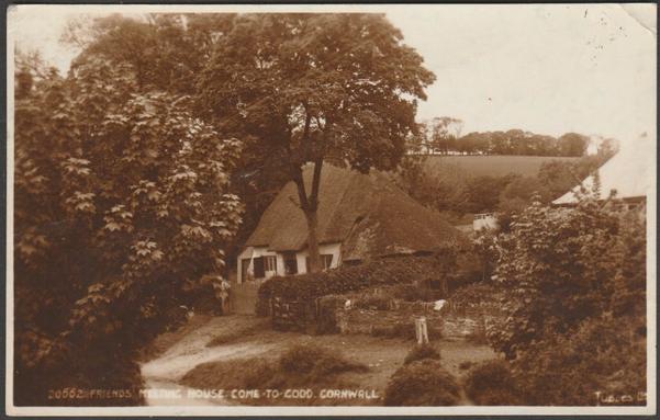 Sepia real photographic postcard showing a view of the Quaker Meeting House at Come-To-Good between Truro and Falmouth in Cornwall.

Published by Judges Ltd, Hastings, No 20662, photo taken c.1937.

Postally used on 17 April 1955 with Truro cancellation on brown 2d stamp and sent to Miss Patricia Lilly, 9 Spennithorne Drive, West Park, Leeds 16, Yorkshire by Ann Keeble of Little Nanteak, Allet, near Truro who says that she attends the meeting house.

Fairly good condition, with slight corner bumps, but small crease to top right corner and mild but long bend running diagonally across the card.
