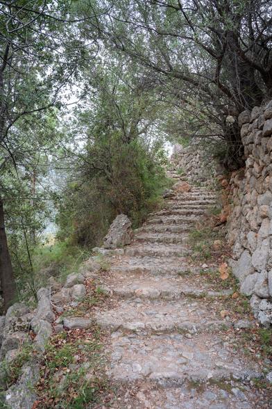 Sinuous, curving stairway footpath built from many small, rounded limestone cobbles - winding its way up a steep hillside, between a high, dry stone wall and a steep drop, framed by vivid green, dry-trunked shrubs and trees.