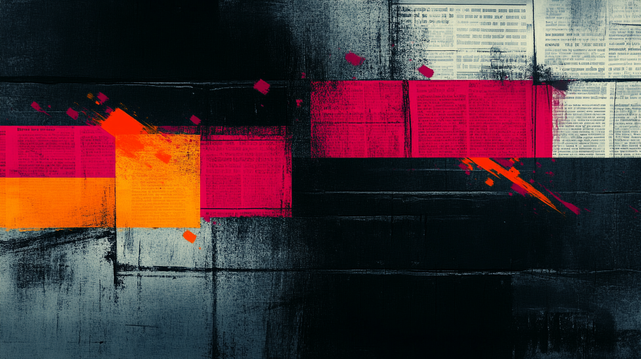 Titres figés.
Collage abstrait mêlant typographie de journaux, textures sombres et éclats de rouge et orange.
Abstract collage blending newspaper typography, dark textures, and splashes of red and orange.