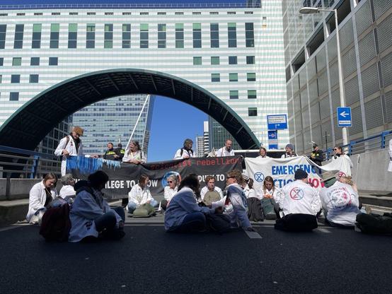 A group of scientists sitting on the street