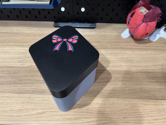 A closed gift box whose top side is a parallelogram with rounded corners.  It has a pink and blue bow printed into its lid.