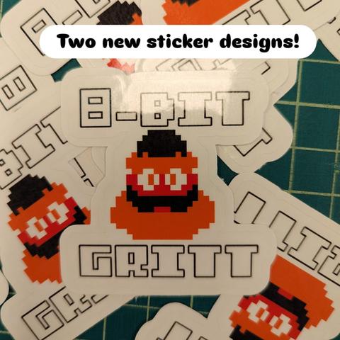 Pike of stickers of an 8-bit Gritty head with the words 8-bit gritt