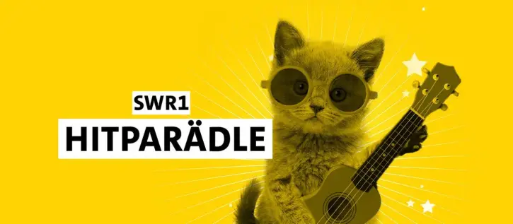 Die Zeichnung eines Kätzchens mit Brille und Gitarre vor gelbem Hintergrund mit Schriftzug "SWR1 Hitparädle" (Foto: SWR)