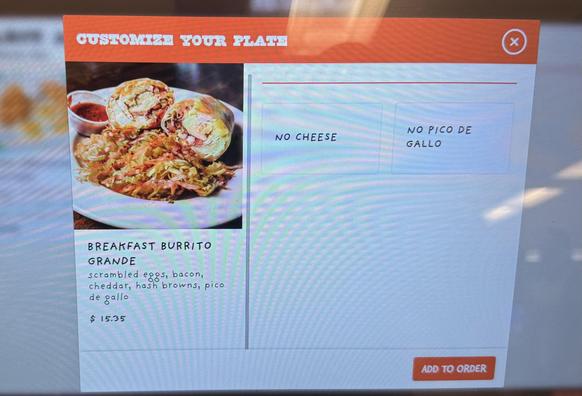 Customize menu for egg cheese sausage breakfast burrito allows for removal of cheese and/or pico only.