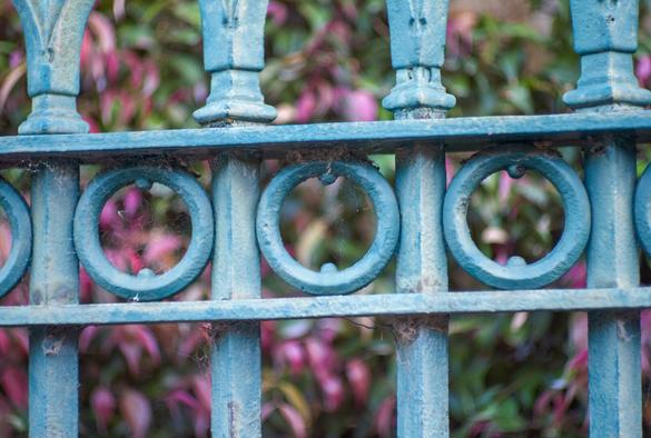Turquoise iron fence posts with inset rings foreground a blurry background of flower bushes
