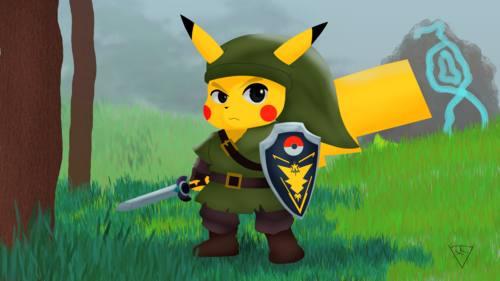 Linpachu is a unique blend of Pikachu and Link. Standing in an open field, Linpachu holds a sword in one paw and a shield in the other.