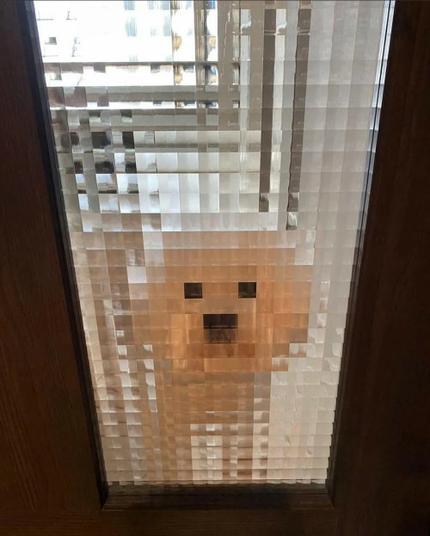 Ein Hund hinter einer Türscheibe mit quadratischen Einzelscheiben. Es sieht so aus, als wäre der Hund komplett verpixelt.