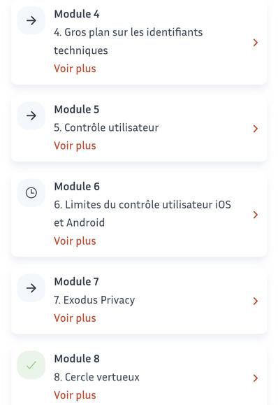 Fin de la table des matières
gros plan sur les identifiants techniques
contrôle utilisateur
limite du contrôle utilisateur iOS et Android
Exodus privacy
cercle vertueux
