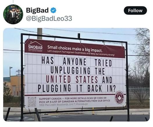 The image is a screenshot of a tweet from BigBad (@BigBadLeo33
). The tweet includes a photo of a billboard from Snobar Realty Group. The billboard has a maroon header with the Snobar logo and the tagline "Small choices make a big impact. Let's support homegrown businesses and keep our economy strong!" The main message on the billboard reads: "HAS ANYONE TRIED UNPLUGGING THE UNITED STATES AND PLUGGING IT BACK IN?" At the bottom, there is a call to action: "SUPPORT CANADA – FOR MORE DETAILS SCAN QR CODE OR PICK UP A LIST OF CANADIAN ALTERNATIVES FROM OUR OFFICE 3553 THE CREDIT WOODLANDS, UNIT 7, MISSISSAUGA." There is also a small "CANADA FOREVER" logo with a maple leaf. The background of the billboard shows a street with buildings and trees.