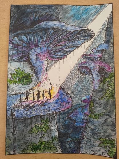 Drawing (watercolor and thin black  marker) of giant mushrooms stuck to the trunk with tiny humans climbing them. There is a light beam coming from the top right which they seem interested in.