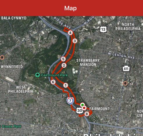 Map showing a section of Philadelphia, highlighting routes, landmarks, and Fairmount Park. Key locations are marked with numbers along the path.