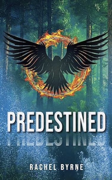 book cover. a black bird with wings spread in front of a ring of fire, a forest in the background