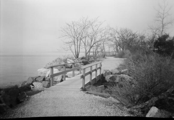 A coastal path uses a simple wooden bridge to cross an inlet that connects the Long Island Sound on the left with a salt marsh on the right.