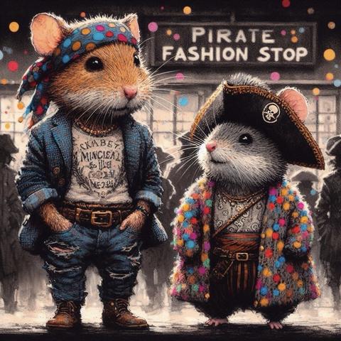 KI-Bild (DALL•E3):

Holly und Meeps vor dem Piratenmodegeschäft. Hamster Holly trägt ein fesches gepunktetes Piratenkopftuch zum Jeans-Outfit im Used-Look. Seine Mausfreundin trägt ein bunt-gepunktetes Jäckchen zum neuen Piratenhütchen. Beide gucken sehr zufrieden.