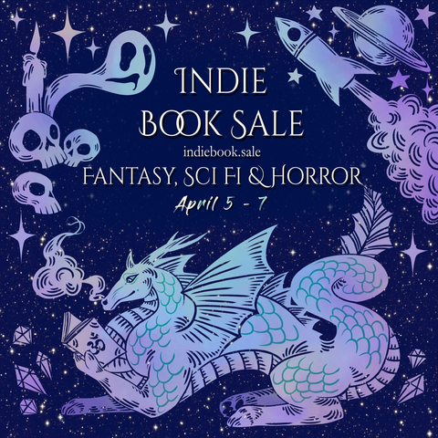 Artistic ghosts, skulls, a dragon reading, and a spaceship flying past a planet, are arranged with stars around the edges of the image in shades of metallic blue to purple. In the center text reads Indie Book Sale 
indiebook.sale
Fantasy, Sci-fi, & Horror
April 5-7