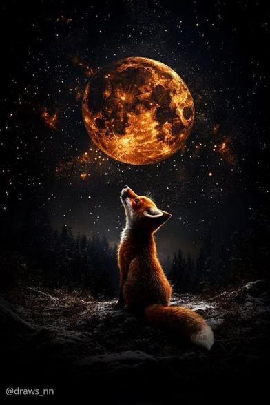 Der Mond strahlt orangefarben am Nachthimmel, ein kleiner Fuchs sitzt unten und schaut hinauf zum Mond, im Hintergrund Nadelwald
Quelle: @draws_nn, Anjelika, Pinterest