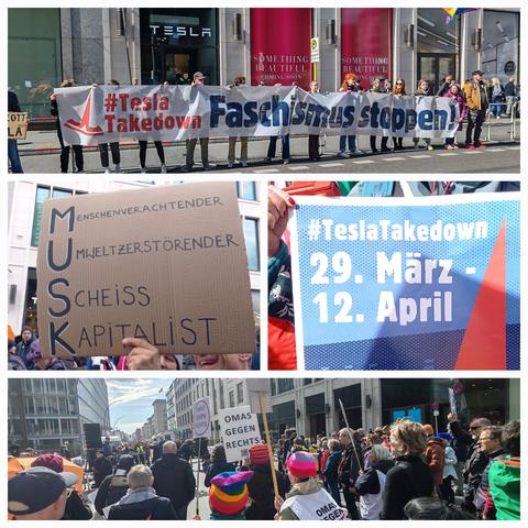 Fotocollage:
Menschen halten Banner vor Tesla Shop Mitte "Tesla Takedown- Faschismus stoppen "; 
Poster:
M enschenverachtender 
U mweltzerstörender 
S cheiss 
K apitalist 
Gruppe Omas gegen Rechts bei der Tesla Kundgebung