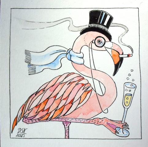 Ein Flamingo mit Monokel, Zylinder und um den Hals gebundenen Seidenschal hält in einer Kralle ein gefülltes Sektglas und eine brennende Zigarette im Schnabel, während er den Betrachter abschätzig durch das Monokel taxiert.