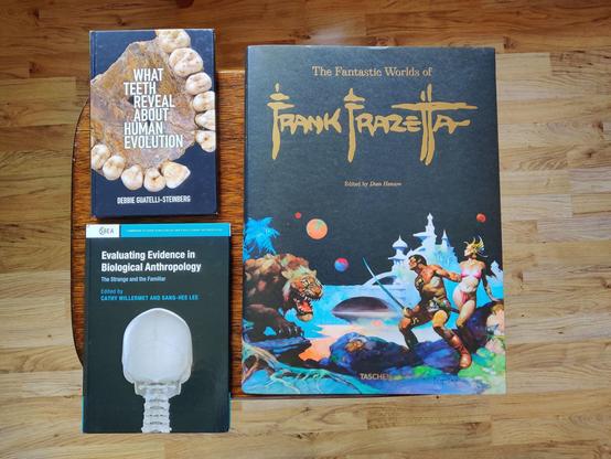 A top-down photo of three books laying down on a small, brown, wooden table. Top left, What Teeth Reveal About Human Evolution, showing a fossilised human upper jaw, photographer from below. Bottom left, Evaluating Evidence in Biological Anthropology, showing the back of a human skull and the top part of a spinal cord. On the right, The Fantastic Worlds of Frank Frazetta, showing an absurdly muscular tiger baring its fangs while it approaches a scantily-clad man with a sword defending an equally scantily clad woman, both wearing typical 70s fantasy armour. The black backdrop shows a fantasy fortress with a curved bridge over a body of water and a sky with several colourful moons. The background shows the beech-coloured laminate floor.