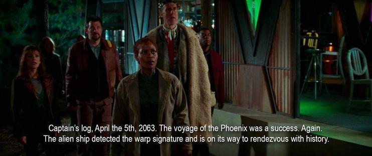 A photo of a diverse group of people looking up at something in the night sky. “Captain’s log, April the 5th, 2063. The voyage of the Phoenix was a success. Again. The alien ship detected the warp signature and is on its way to rendezvous with history.”
