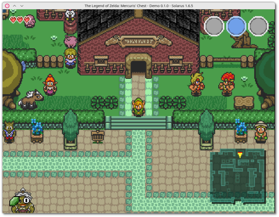 🕶️ A bird's eye view of the beginning of the game where the protagonist comes out of the inn-hotel from where he just woke up. The graphics are adorable, partly from the Nintendo series (fair use). A mini-map at the bottom right of the screen allows you to locate yourself geographically.

📚️ The Legend of Zelda: Mercuris Chest is a (partially) libre and multi-platform reboot of The Legend of Zelda: Mystery of Solarus DX (zsdx), itself thought as the sequel of The Legend of Zelda: A Link to the Past (on SNES), an action-RPG game, with the same graphics (reason why it is only partially libre) and game mechanics. This reboot is the most ambitious project of the Solarus Team, it has the ambition to become a reference amateur Zelda, with a huge and open world, many biomes, NPCs and side quests, and characters and graphical elements specially created to give it its own charm.
