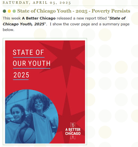 This week A Better Chicago released a new report titled "State of Chicago Youth, 2025".  I show the cover page and a summary page in this 4-5-2025 blog article.