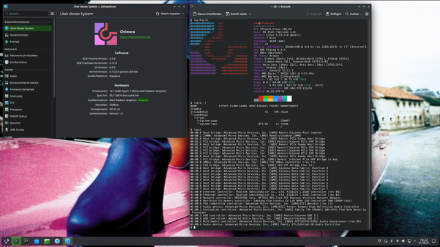 chimera linux running btrfs in a LUKS2 encrypted setup with KDE Plasma 6.3.4 on a GMKtec NucBox M5 Plus