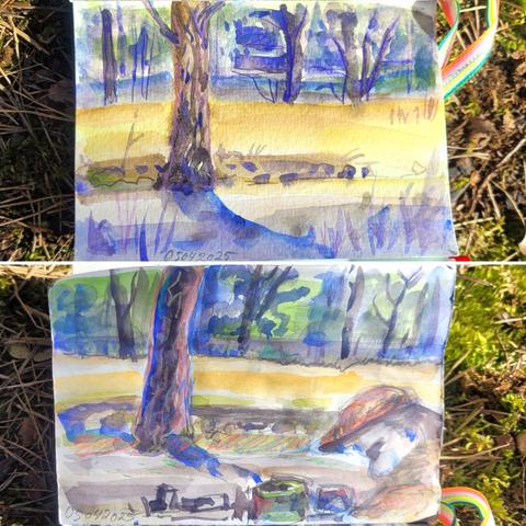 Aquarellskizze, 2 Blätter mit demselben Motiv, Baumstamm und Kiefern im Hintergrund.  Auf dem unteren Bild schaut von rechts ein Kopf einer Person mit Kappe ins Bild.