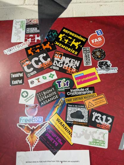 The TOG Hackspace sticker collection.