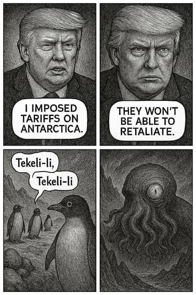 Un cartón en cuatro cuadros.

En le primero aparece un retrato de Donald Trump, con el mensaje "I IMPOSED TARIFFS ON ANTARTICA".

En el segundo, otro retrato de Trump, pero ahora con el mensaje "THEY WON'T BE ABLE TO RETALIATE".

El tercer cuadro muestra unas pinguinos, uno de ellos dice "Tekeli-li Tekeli-li"

En el cuarto carton muestra a un monstruo cefalopodo que nos observa. Presumo que el monstruo es Cthulhu.