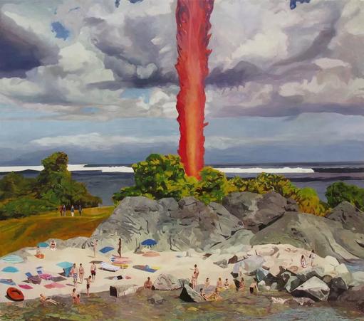 a beach scene with people enjoying the sun and water with rocks and a grove of trees behind them, fluffy clouds above.  There is a tower or jet of flame shooting straight up from the rocks beyond the beach and the beach-goers seem not to notice it.