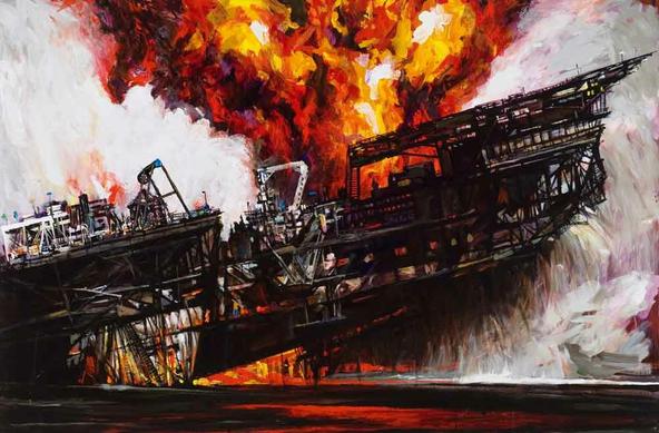This is a scene of a burned-up and burning modern ship that is tilted and clearly incapable of floating any more