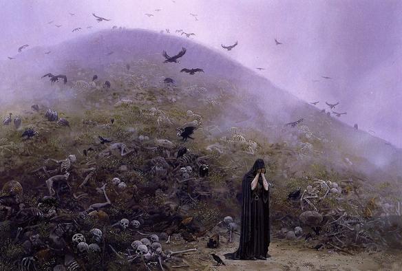 realistically portrayed is a person in a long black robe that has their hands to their face as though crying.  Behind them is a tall hill of human bones and remains that rises into fog.  There are plants and grasses and flowers growing among the bones as though they are being reclaimed by the earth, and there are vultures and other birds picking through the pile, the title of the piece is "Hill of Slain"