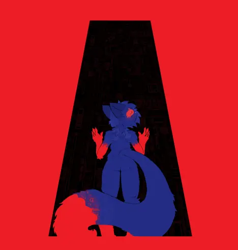 a low-angle drawing of a blue anthropomorphic cat with red markings. her body is pressed against the flat, featureless surface of a black monolith structure. her head is turned to the side, and she has a content smile on her face with her eyes closed. her hands are held at shoulder height, pressed against the monolith's surface with the rest of her body.

both the monolith and the cat have subtle circuit board patterns on their surfaces, suggesting a connection at a technological level