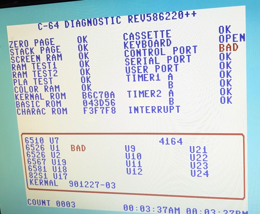 A very sharp HDMI output of a diag tool for the Commodore 64. Ignore the errors as false reporting as FPGA based chips and not all adapters were plugged in.