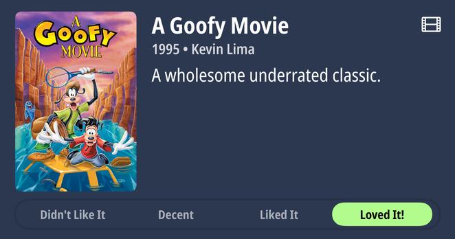 Screenshot of a movie rating interface showing "A Goofy Movie" (1995) directed by Kevin Lima. The poster displays Goofy and Max rafting through canyons with Goofy holding a tennis racket. Text describes it as "A wholesome underrated classic." Rating buttons below range from "Didn't Like It" to "Loved It!" with "Loved It!" highlighted in green.