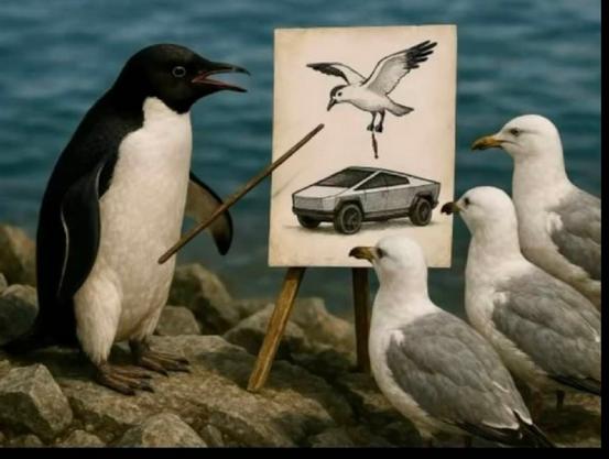A penguin teaching a flock of seagulls to target CyberTruck with droppings
