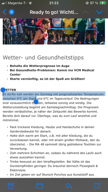 E-mail van de organisatie met geselecteerde tekst dat het 0 tot 6 graden wordt die dag