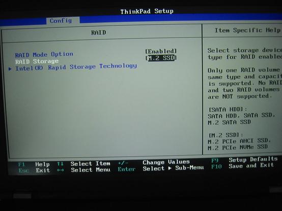 Screenshot of a Lenovo ThinkPad P70 BIOS, showing the RAID configuration screen with RAID enabled and M2 selected