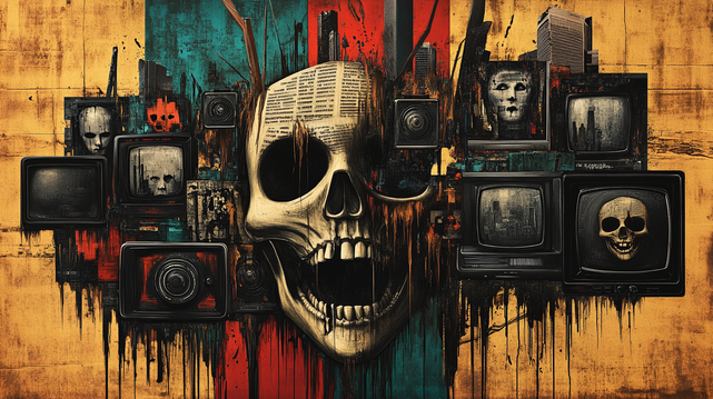Décomposition Techno.
Crâne central entouré de télévisions rétro et de visages fantomatiques sur fond urbain délabré.
Central skull surrounded by retro TVs and ghostly faces against a decayed urban backdrop.