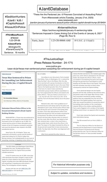 Screenshots of court information pertaining to convicted January 6th rioter Jason Farris (Arlington, Texas).
