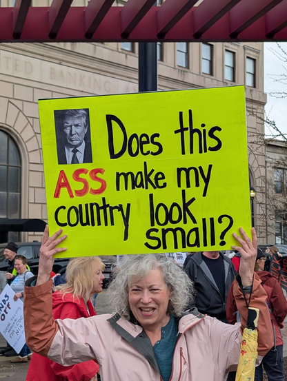 woman holding a neon yellow poster board with an image of felon 47. text reads does this ass make my country look small?