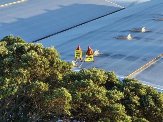 Two activists in orangutan suits stand and hold banners on the roof of the Agrifeeds storage shed.

The banners read End Palm Kernel now, and
Anchor Rainforest Killer