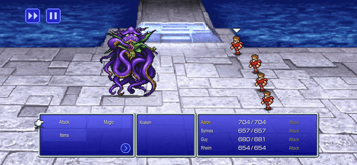In a pixelated scene from FINAL FANTASY, four adventurers stand on a stone platform next to a murky green body of water. The central figure is a knight with a sword, flanked by a mage casting a spell, a rogue clutching a dagger, and a monk wielding a staff. Above them, an epic score swells as the battle begins.